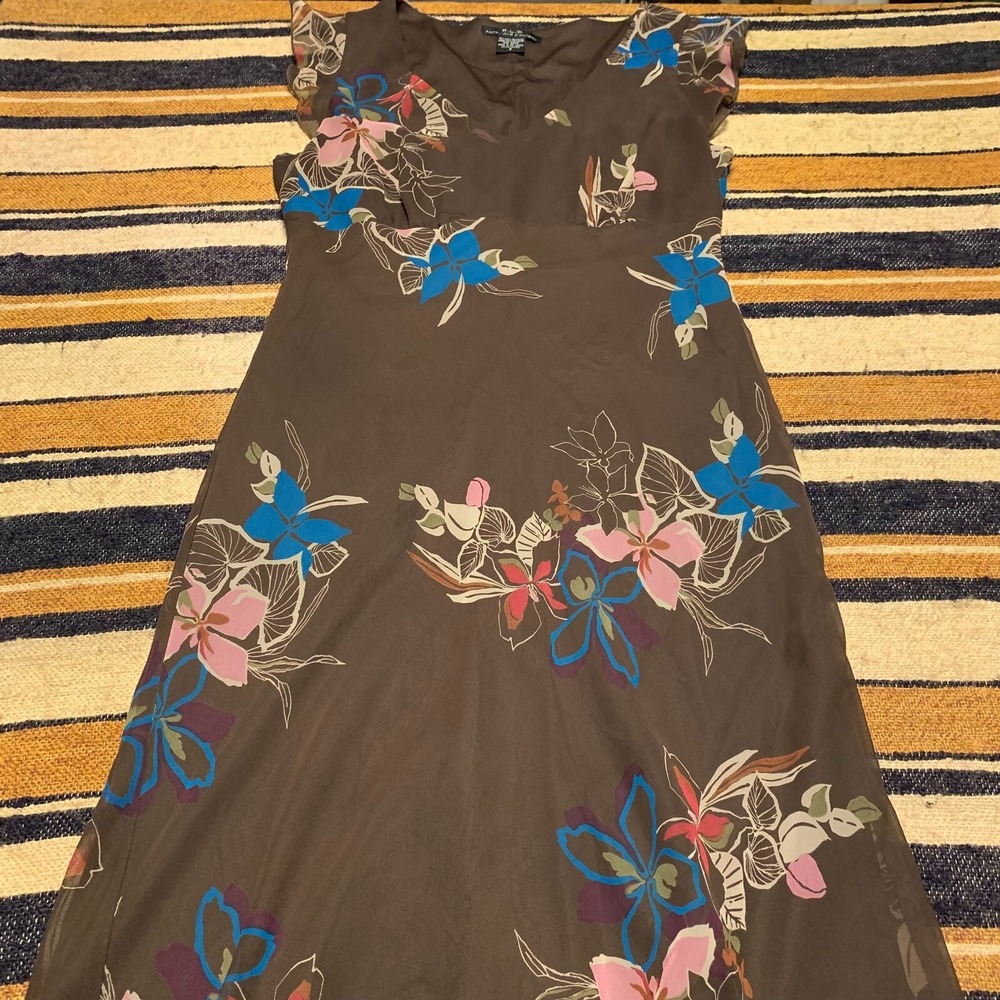 VTG Y2K‎ Floral Dress Midi Flutter Babydoll Brown Soft Flutter Sleeve Floral 8